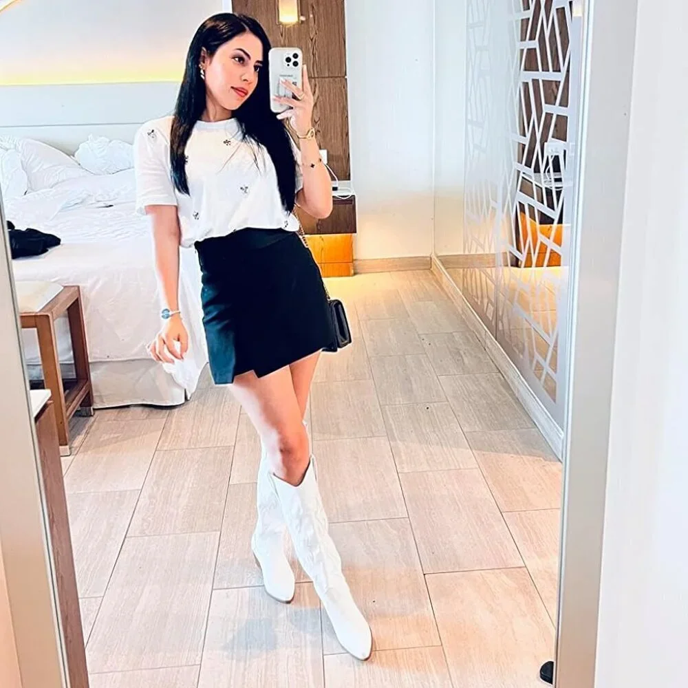 🆕Women White Polyurethane Embroidered Chunky Heel Knee High Western Boot
